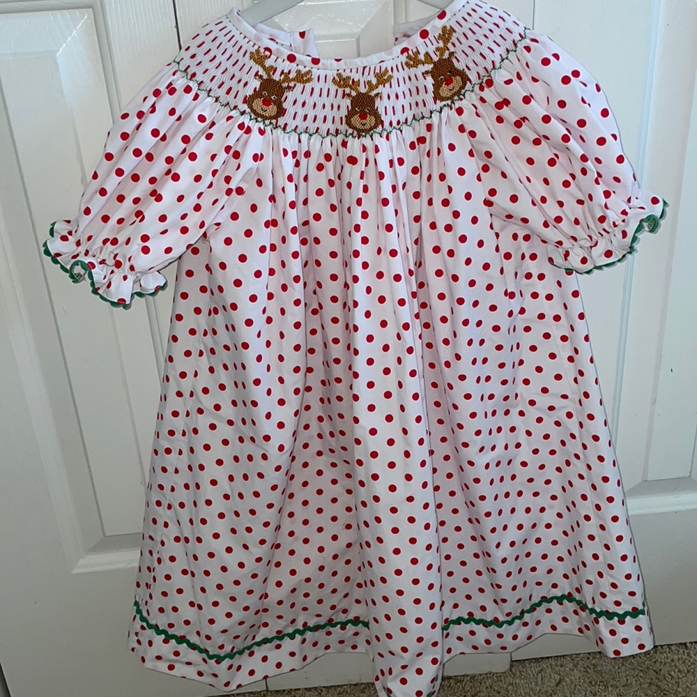 Southern smocked Christmas reindeer bishop dress